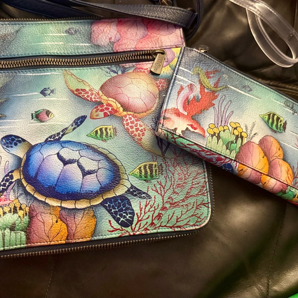 Marine Life hand painted leather crossover Bag with matching wallet by Anuschka - Picture 2 of 4